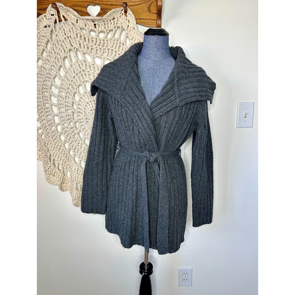 The Limited Vintage Wool Gray Ribbed Longline Open Front Tie Waist Cardigan
